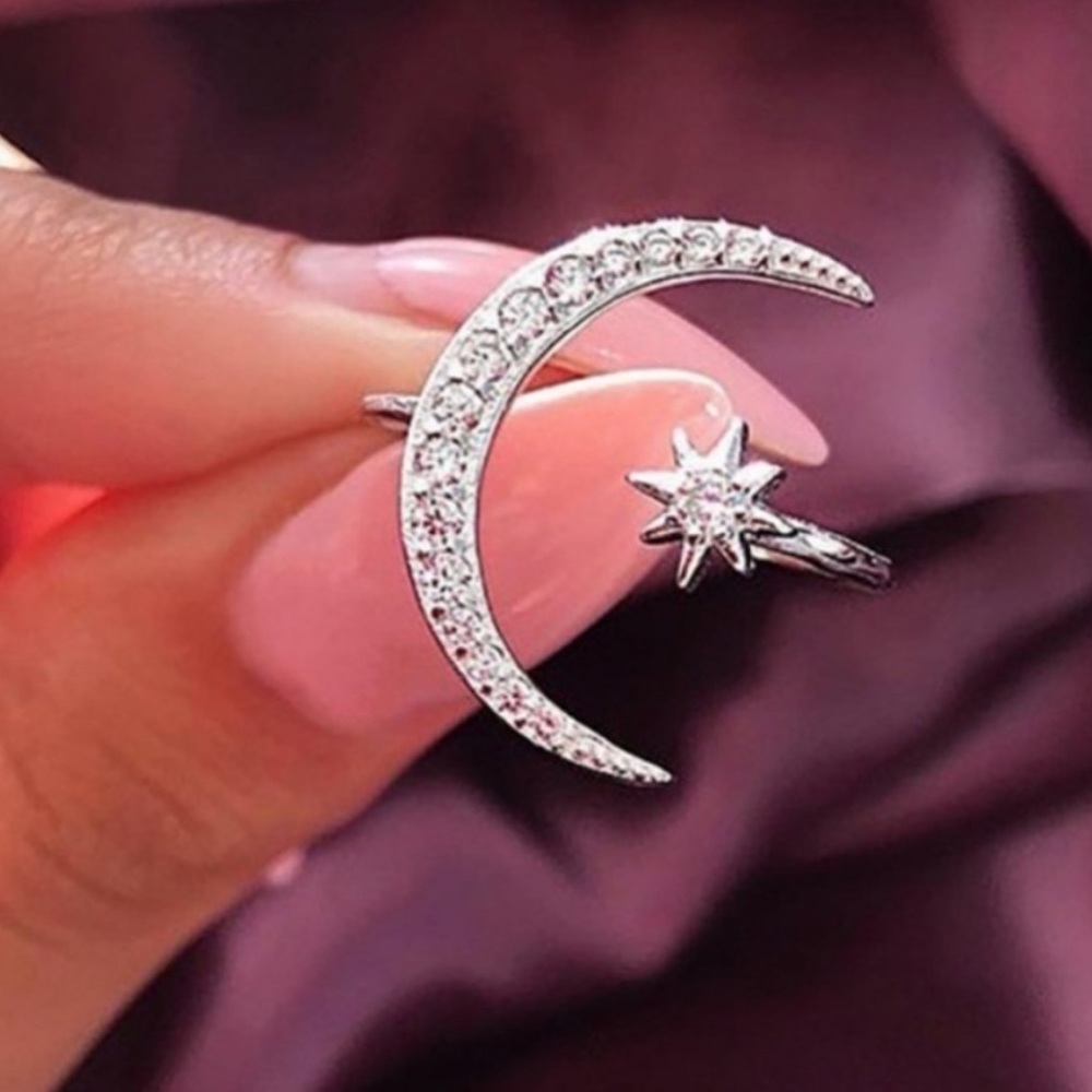 NEW💍SILVER DIAMOND MOON STAR ADJUSTABLE RING, CUTE RING, SHINY RING. - Picture 4 of 4